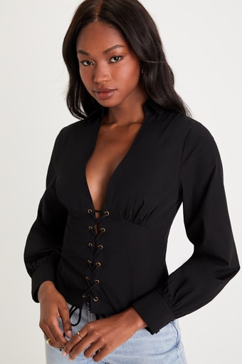 Sultry Charmer Black Lace-Up Collared Long Sleeve Top