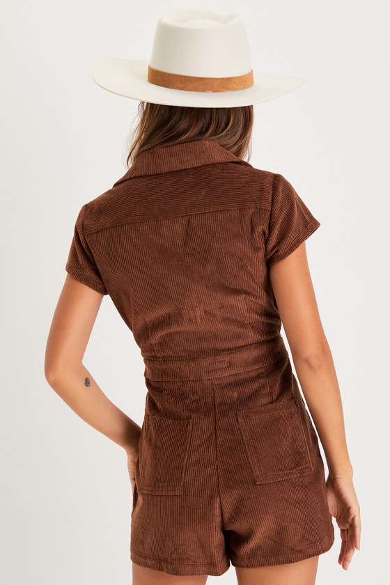 Brown Corduroy Romper - Short Sleeve Romper - Zipper Romper - Lulus