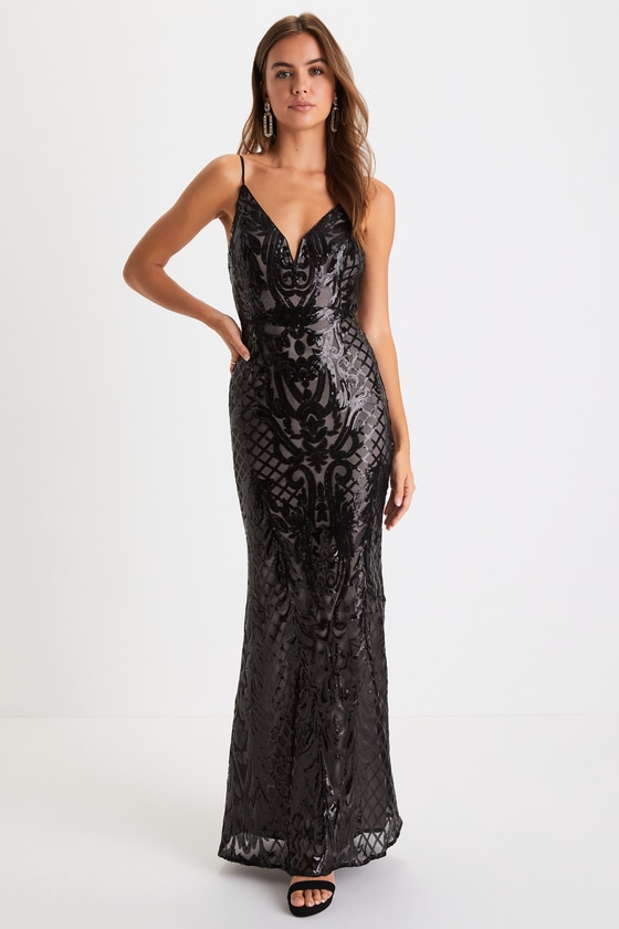 Lulus Flirty Fate Black And Beige Sequin Cutout Maxi Dress