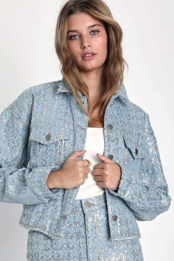 Dazzling Icon Light Wash Sequin Distressed Cropped Denim Jacket 1