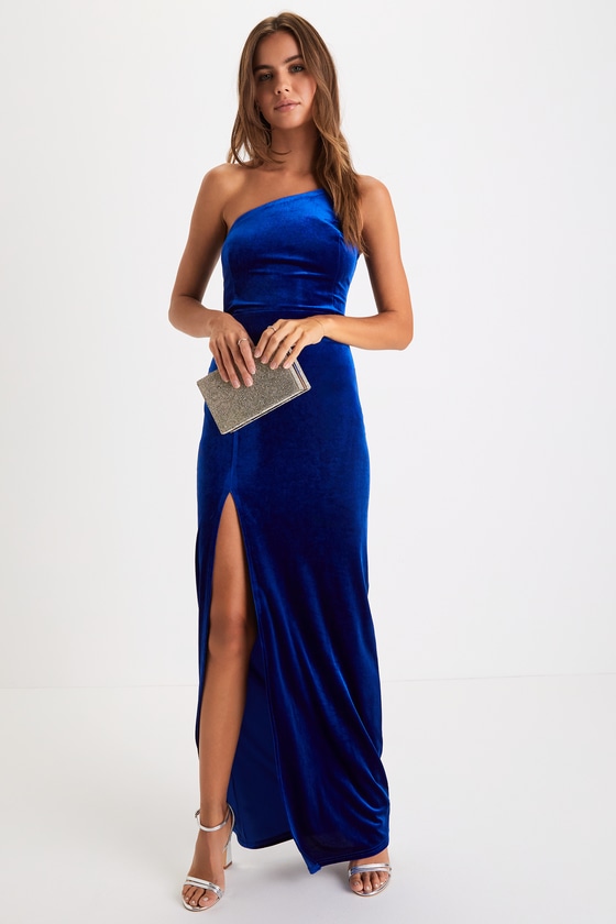 Lulus Keeper Of My Heart Royal Blue Velvet One-shoulder Maxi Dress