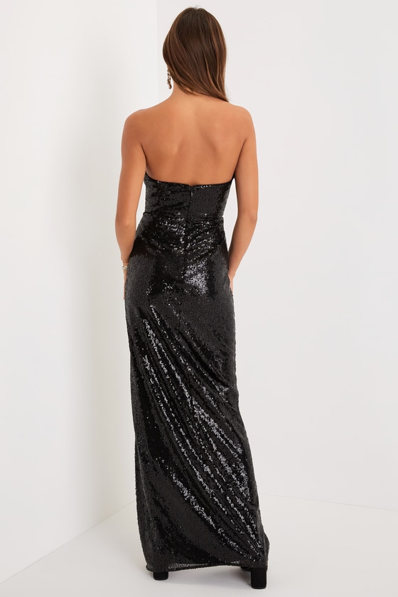 Black Sequin Dress - Feather-Trimmed Dress - Strapless Maxi Dress - Lulus