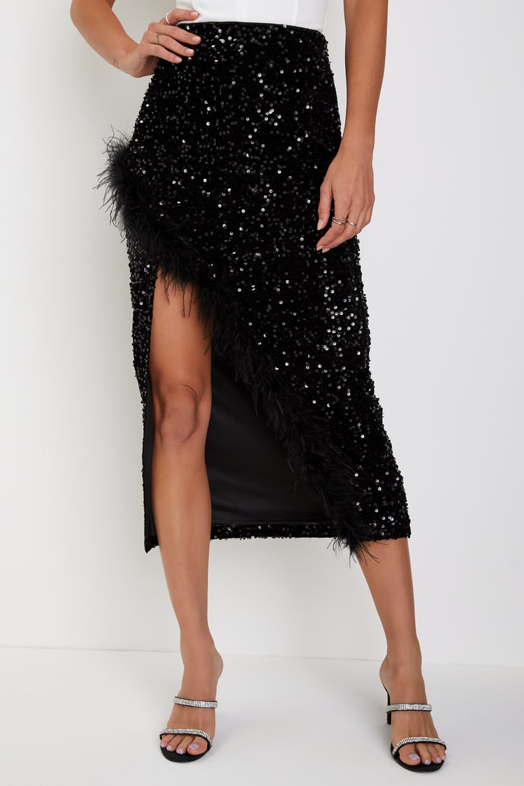 Luminous Aura Black Sequin Feather High-Rise Tulip Midi Skirt