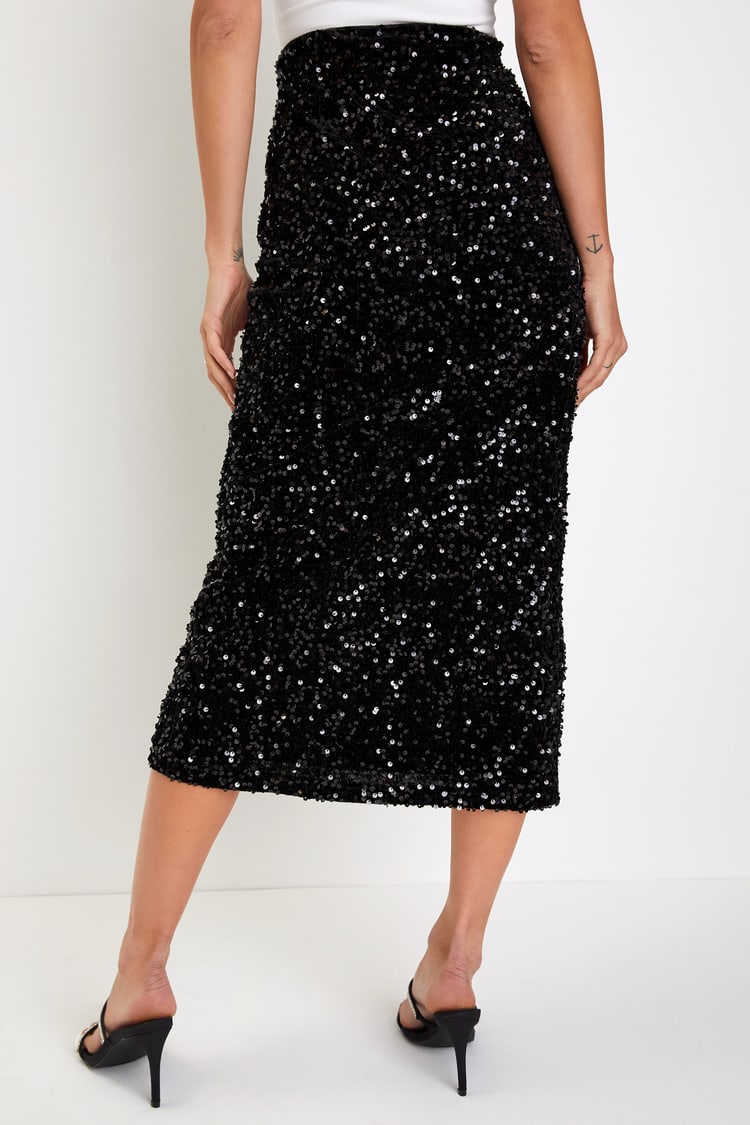 Luminous Aura Black Sequin Feather High-Rise Tulip Midi Skirt