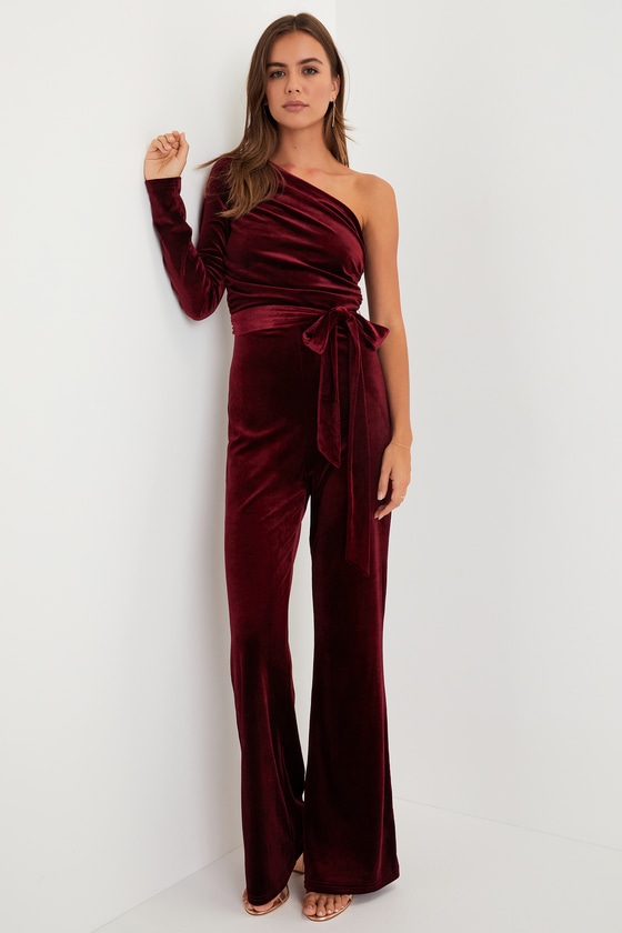 Chic Burgundy Jumpsuit - Velvet Jumpsuit - One-Shoulder Jumpsuit - Lulus