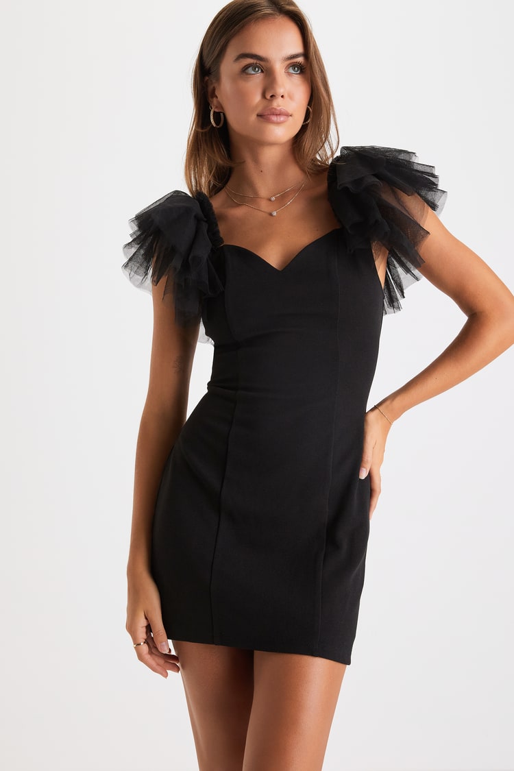 Black Bodycon Dress - Tulle Flutter Sleeve Dress - Mini Dress - Lulus 