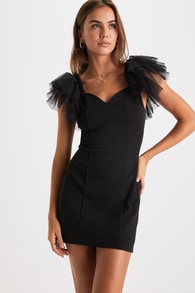 Seriously Fabulous Black Tulle Flutter Sleeve Bodycon Mini Dress
