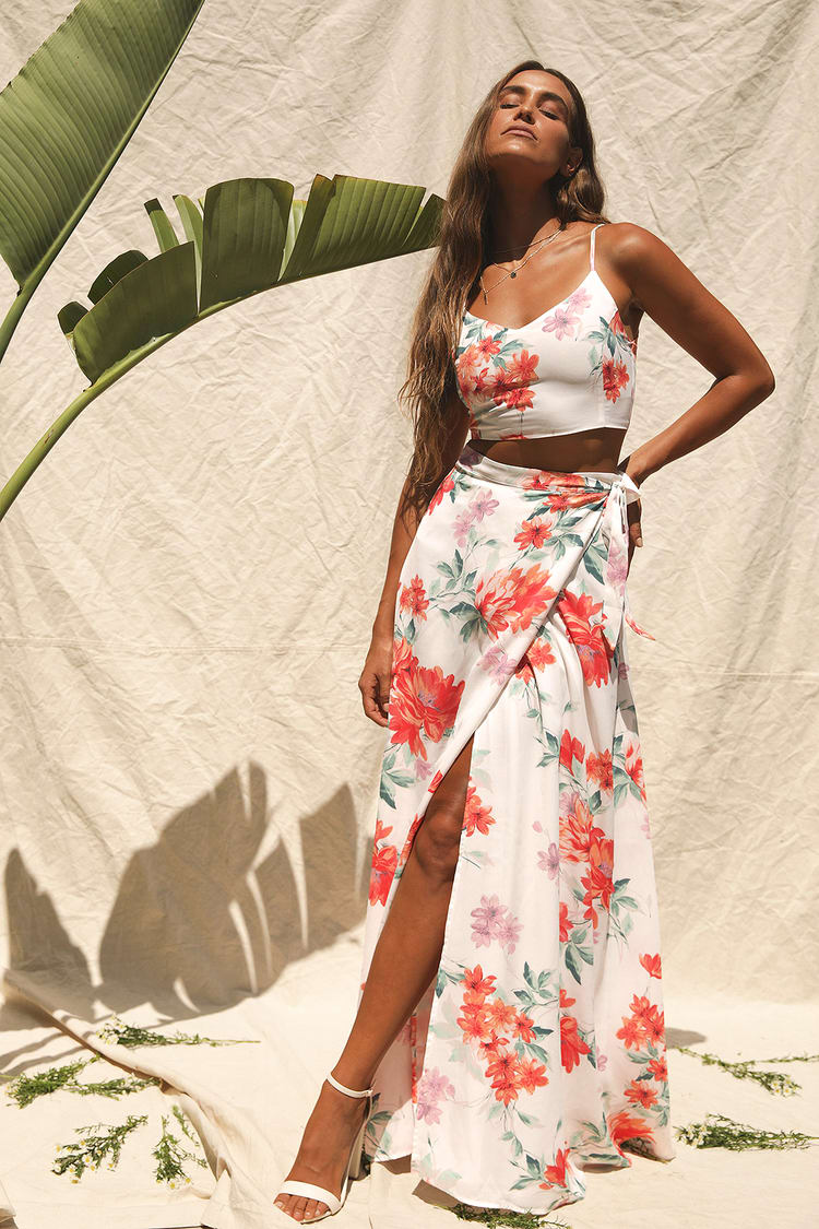 Chic Two-Piece Dress - Floral Print Dress - White Maxi Dress