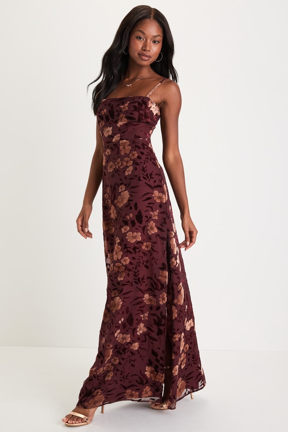 Lulus Effortless Celebration Burgundy Floral Burnout A-line Maxi Dress