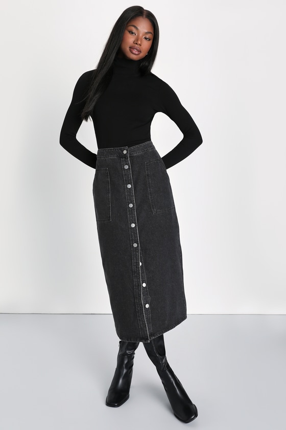 Black Denim Cargo Skirt - Black Jean Skirt - Denim Midi Skirt - Lulus