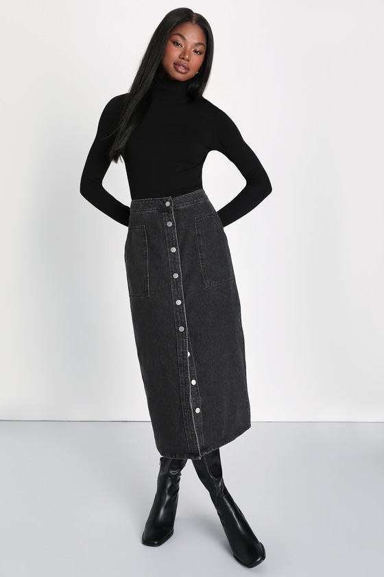 Edgy Idea Black Button-Front Denim Midi Skirt 1