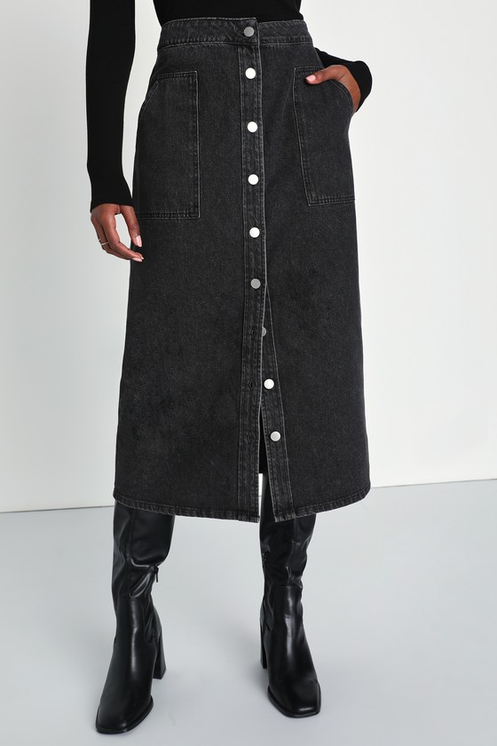 Black Denim Cargo Skirt Black Jean Skirt Denim Midi Skirt Lulus