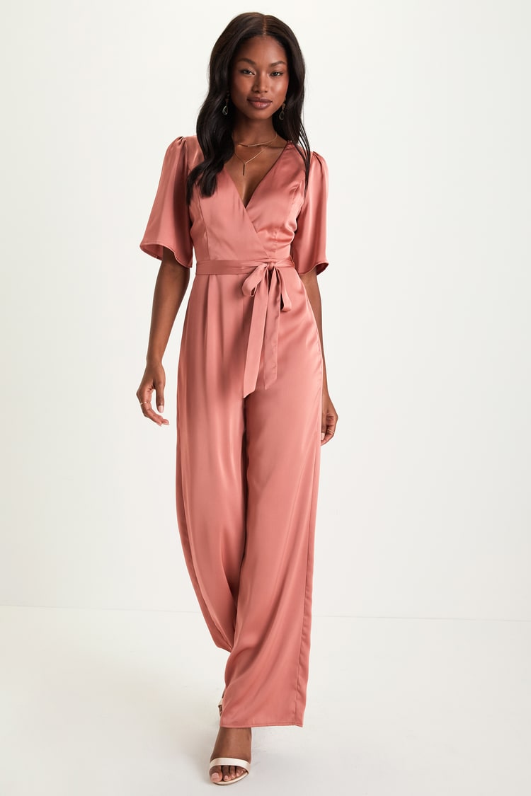 Miss Selfridge satin long sleeve wrap jumpsuit in pink