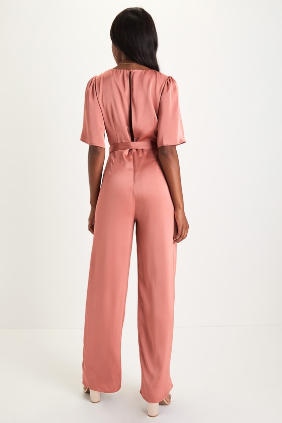 Fabulous Class Rusty Rose Satin Short Sleeve Wide-Leg Jumpsuit 2