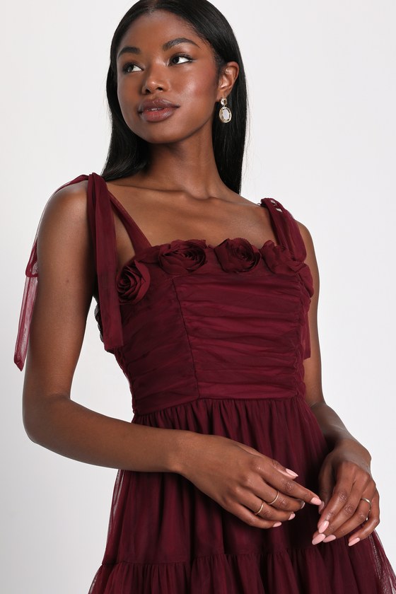 3d Floral Sleeve Midi Dress Burgundy