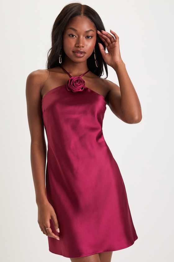 Sweet Prose Magenta Satin Rosette Halter Neck Mini Dress 4