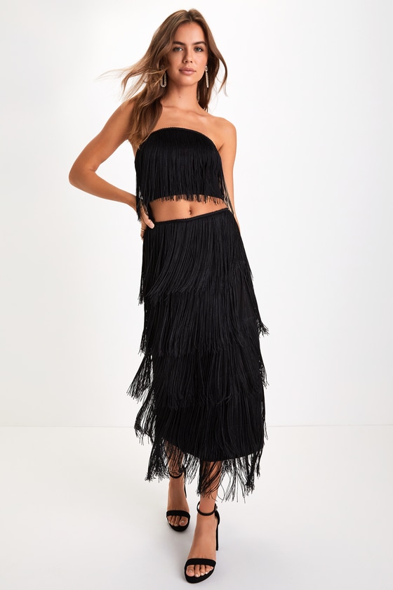 Lulus Remarkable Aura Black Fringe Strapless Two-piece Midi Dress