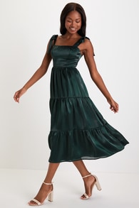 Desirable Darling Shiny Dark Green Organza Tie-Strap Midi Dress
