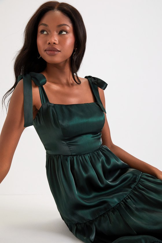 Shiny Green Midi Dress - Organza Dress - Tie-Strap Midi