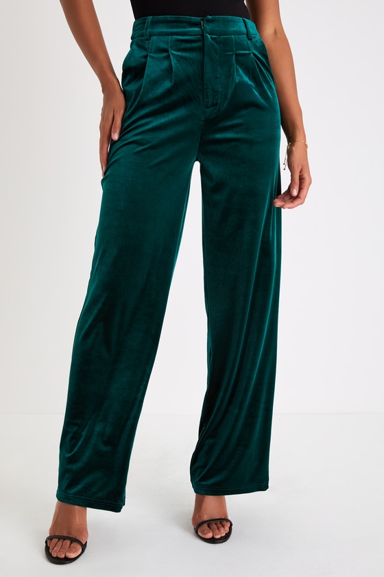 Posh Idea Emerald Velvet High-Rise Straight Leg Trouser Pants - thumbnail 2