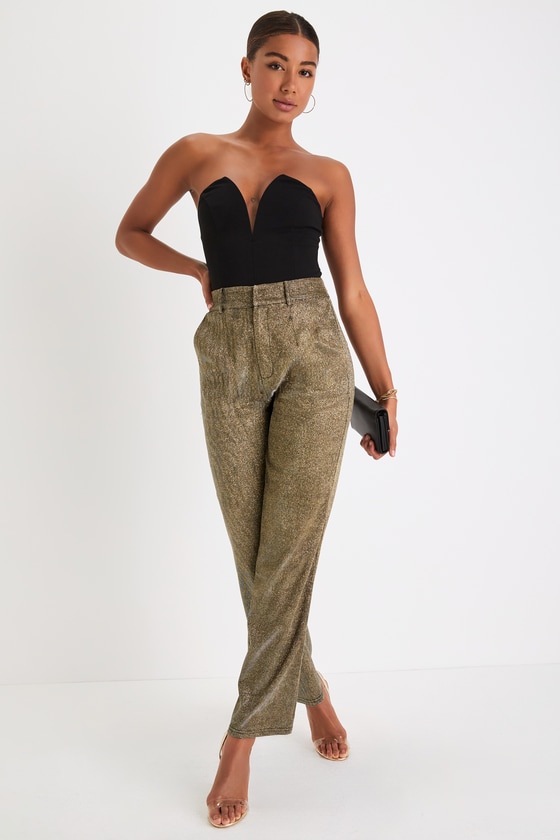 Lulus Shiniest Stance Gold Glitter High Rise Wide-leg Trousers