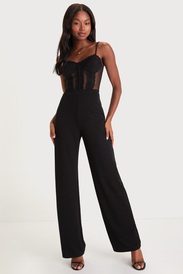 Black Wide-Leg Jumpsuit Black Mesh Jumpsuit Bustier Jumpsuit