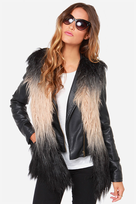 Beige and Black Faux Fur Vest 