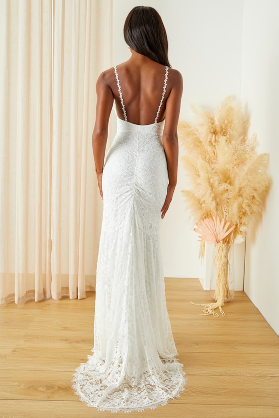 Blissful Ever After White Lace Ruched Sleeveless Maxi Dress 2