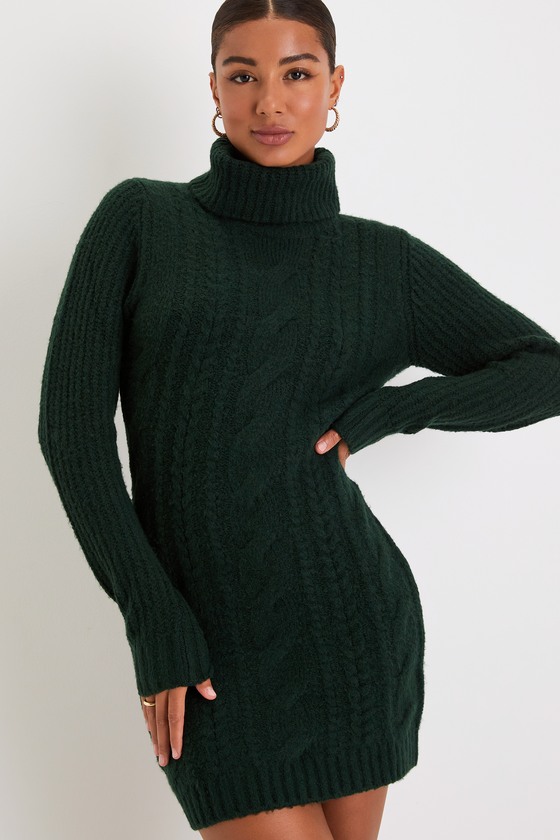 Lulus Cozy Vision Emerald Cable Knit Turtleneck Mini Sweater Dress In Green