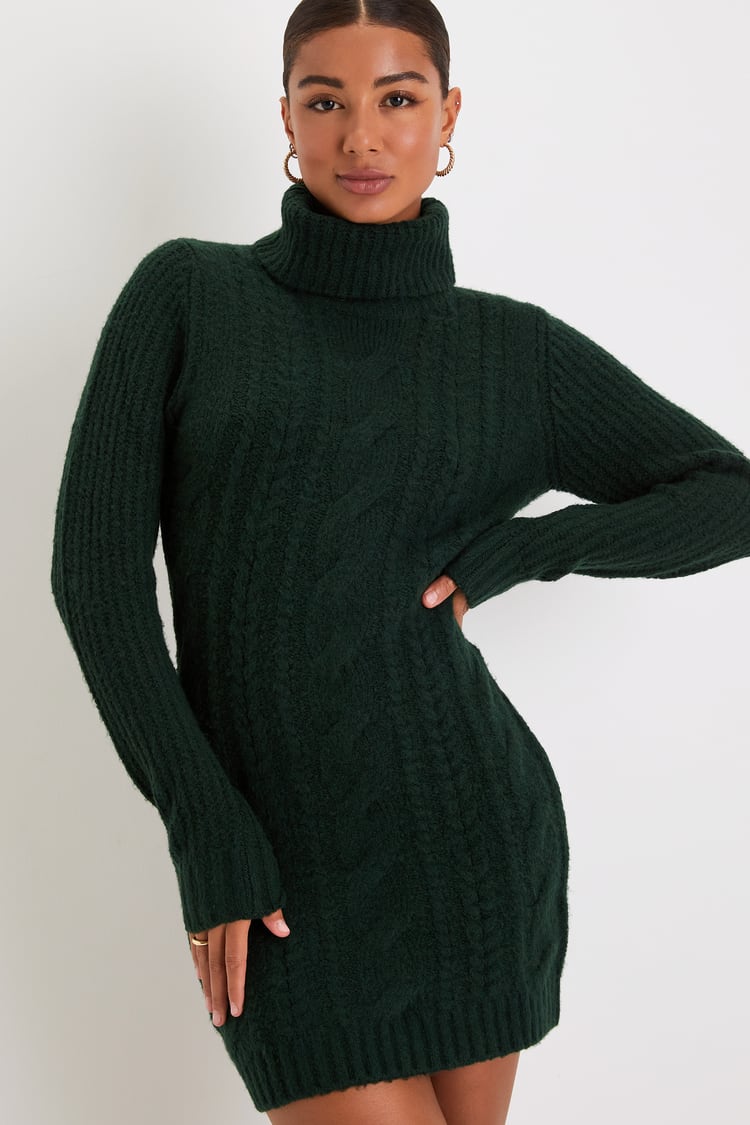 Cozy Vision Emerald Cable Knit Turtleneck Mini Sweater Dress