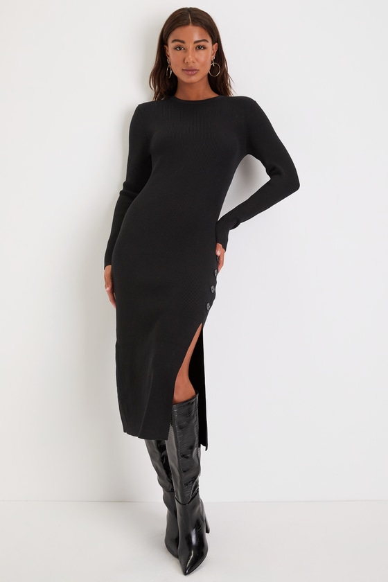 Black Sweater Dress - Ribbed Knit Midi Dress - Black Knit Dress - Lulus