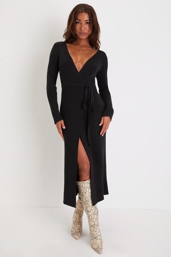 Lulus Iconic Comfort Black Ribbed Surplice Wrap Midi Sweater Dress