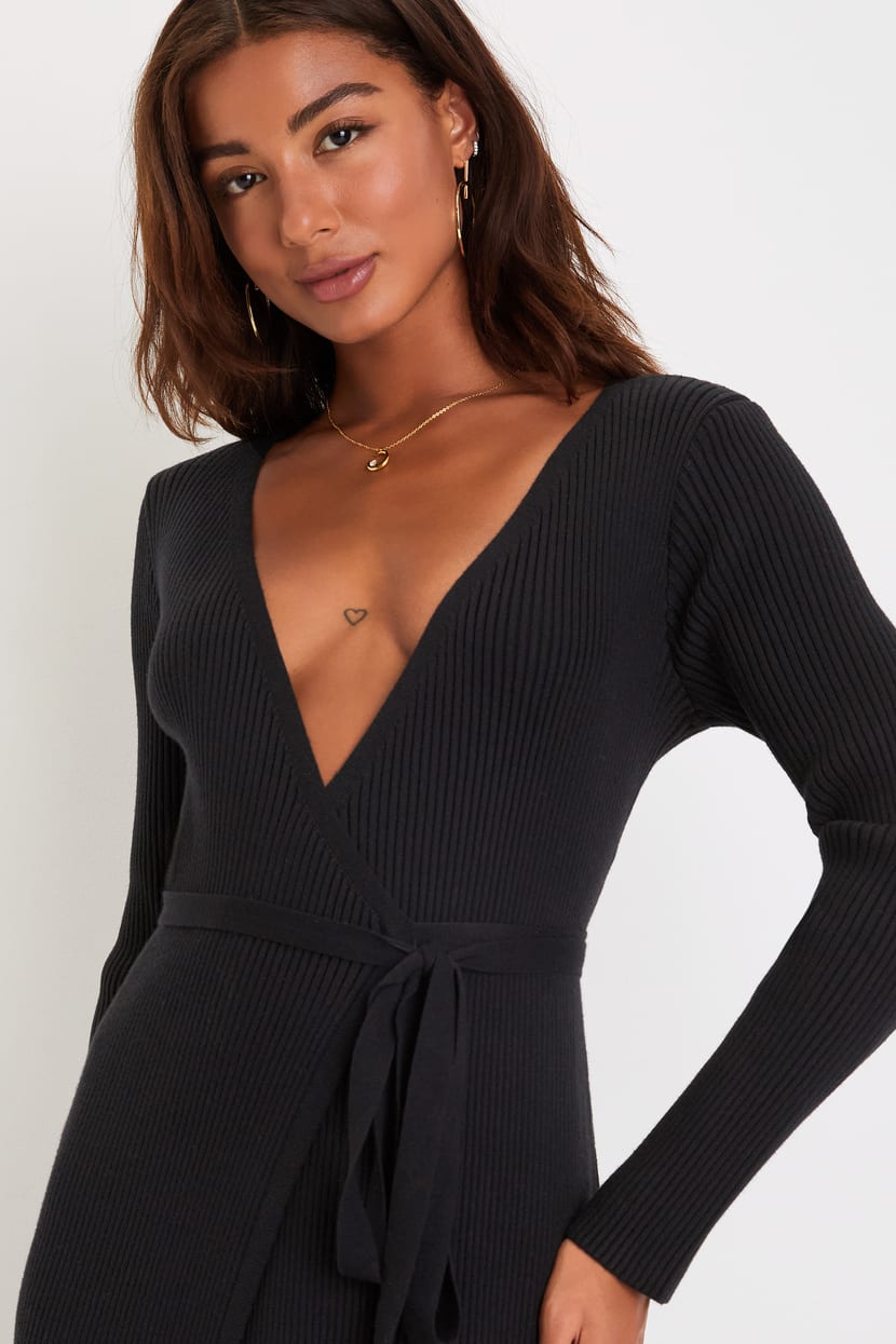black sweater wrap dress Kiyonna Women's Plus Size London Sweater Knit Wrap Dress, Black, 1X main image 1