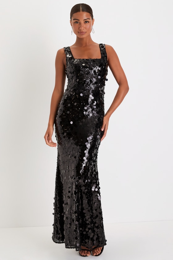 Sexy Black Sequin Dress - Mermaid Maxi Dress - Square Neck Dress - Lulus
