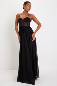 Regal Flirt Black Mesh Sleeveless Bustier Maxi Dress