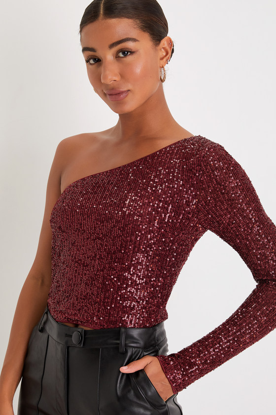 Lulus Glittery Perfection Burgundy Sequin Long Sleeve One-shoulder Top