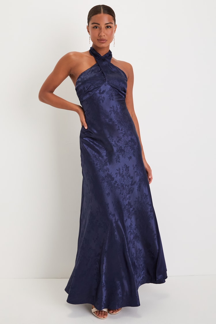 Classy Personality Navy Blue Satin Jacquard Halter Maxi Dress
