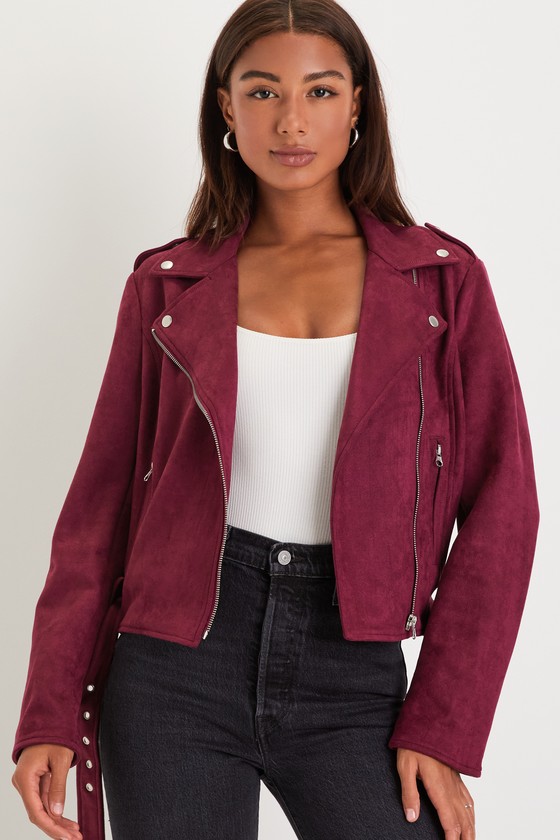 Burgundy Faux Suede Jacket - Belted Moto Jacket - Burgundy Jacket - Lulus