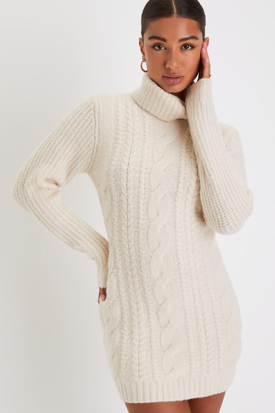 Lulus Cozy Vision Ivory Cable Knit Turtleneck Mini Sweater Dress