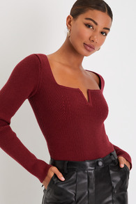 Powerful Charm Wine Red Ribbed Notched Long Sleeve Sweater Top