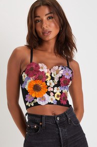 Flirty Icon Black 3-D Floral Embroidered Bustier Tank Top 2