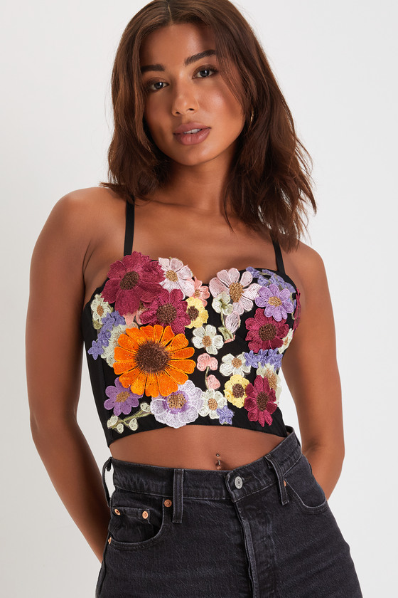 Flirty Icon Black 3-D Floral Embroidered Bustier Tank Top 2
