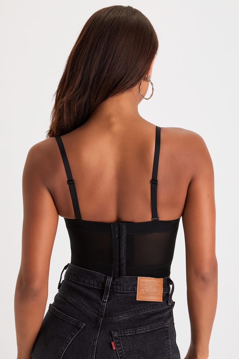 Flirty Icon Black 3D Floral Embroidered Bustier Tank Top