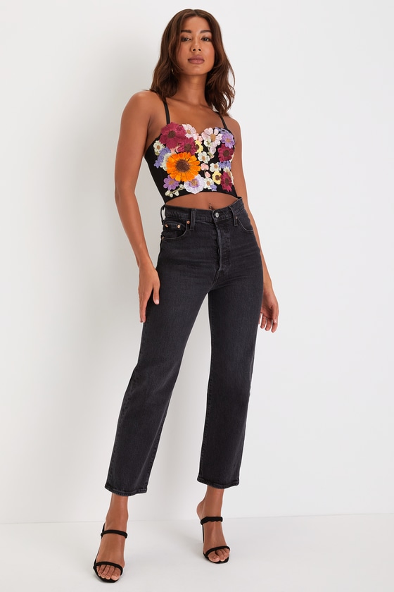 Flirty Icon Black 3-D Floral Embroidered Bustier Tank Top 1