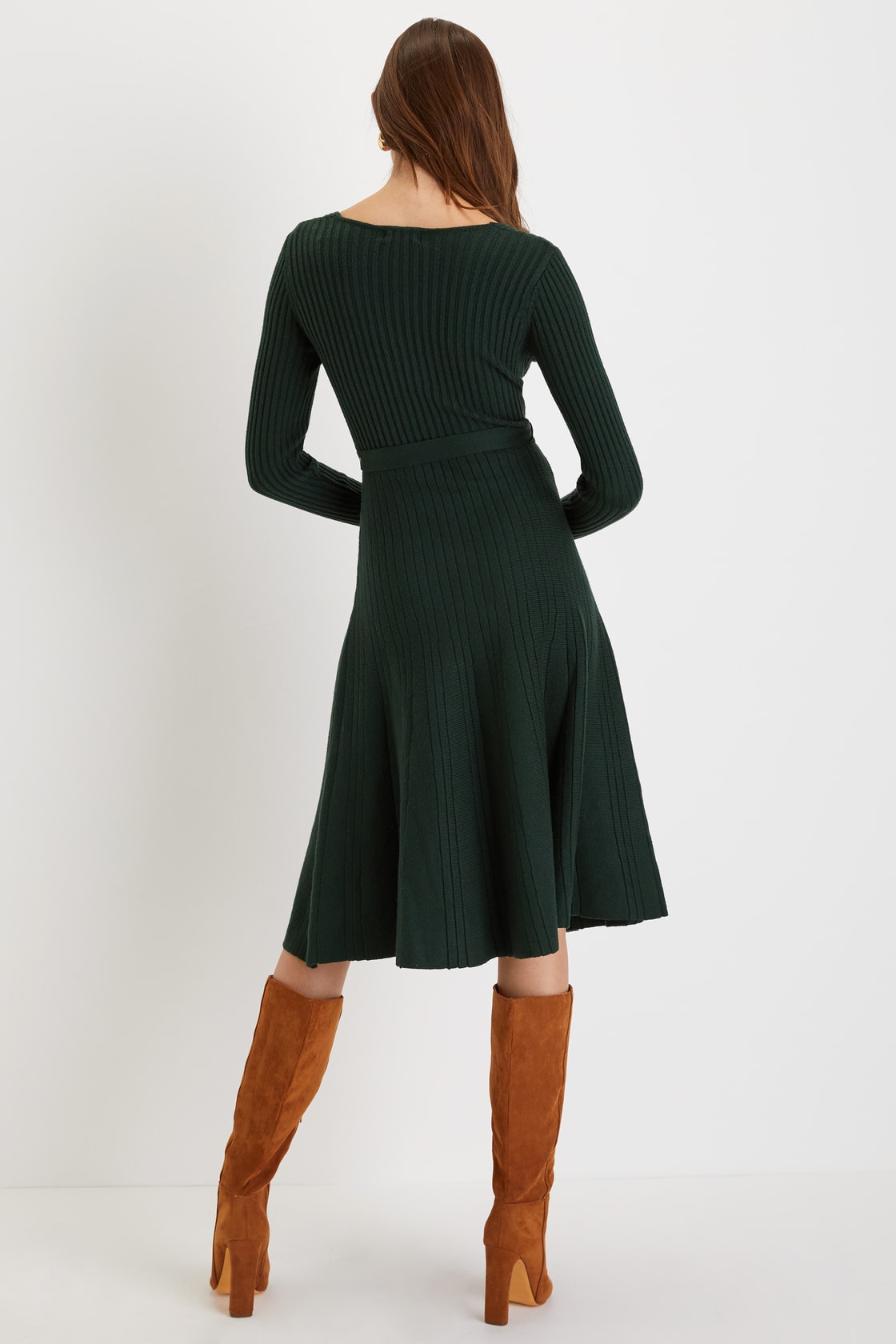 Warm Emotions Emerald Green Skater Midi Sweater Dress