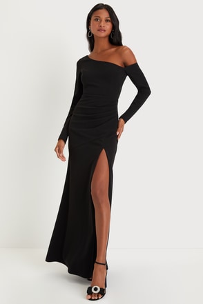 Black Asymmetrical Pleated Maxi Dress | Womens | XX-Small (Available in 3X, 2X, 1X, XS, S, M, XL) | 100% Polyester | Lulus