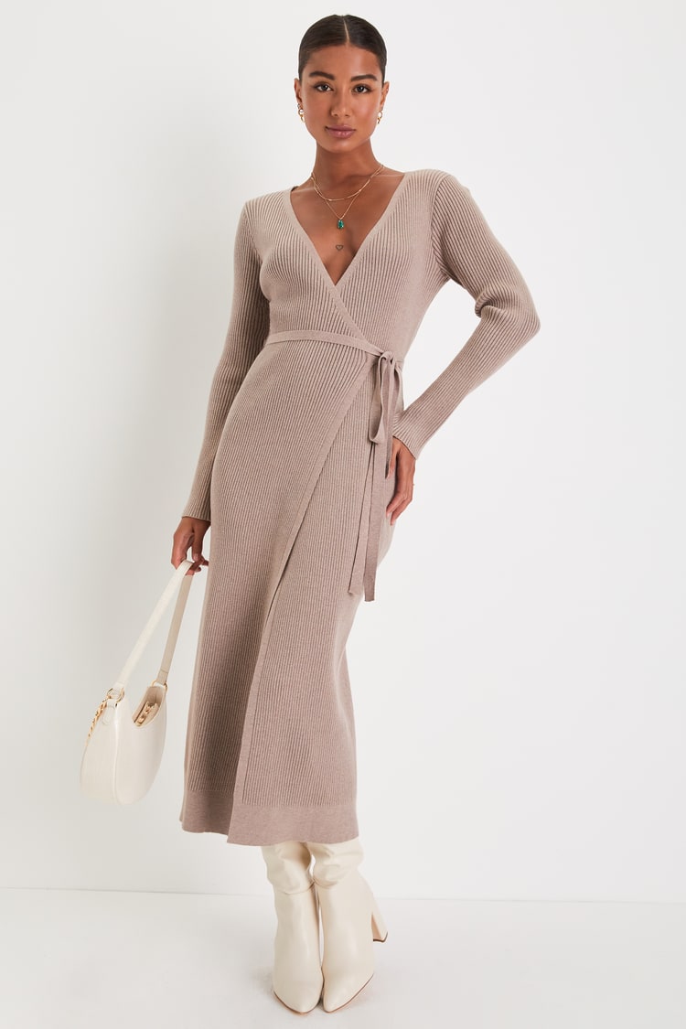 Iconic Comfort Taupe Ribbed Surplice Wrap Midi Sweater Dress