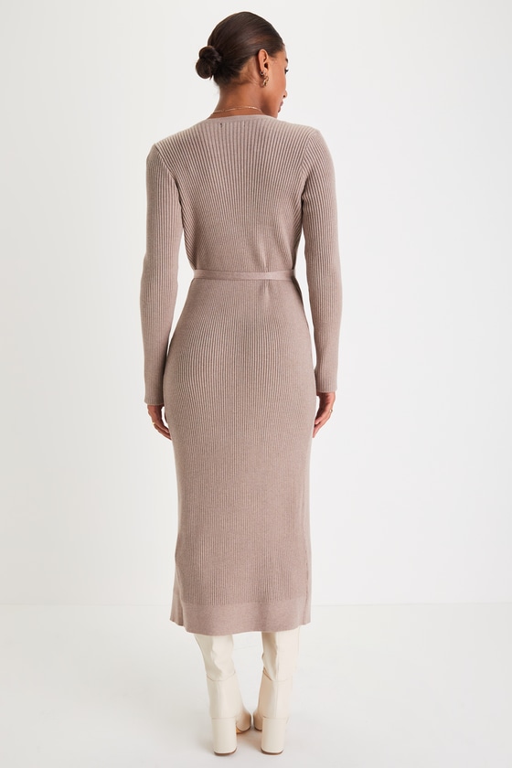 Iconic Comfort Taupe Ribbed Surplice Wrap Midi Sweater Dress 2