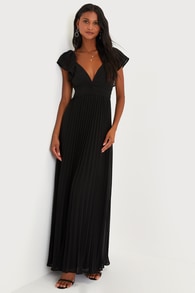 Ideal Occasion Black Pleated Flutter Sleeve Backless Maxi Dress
