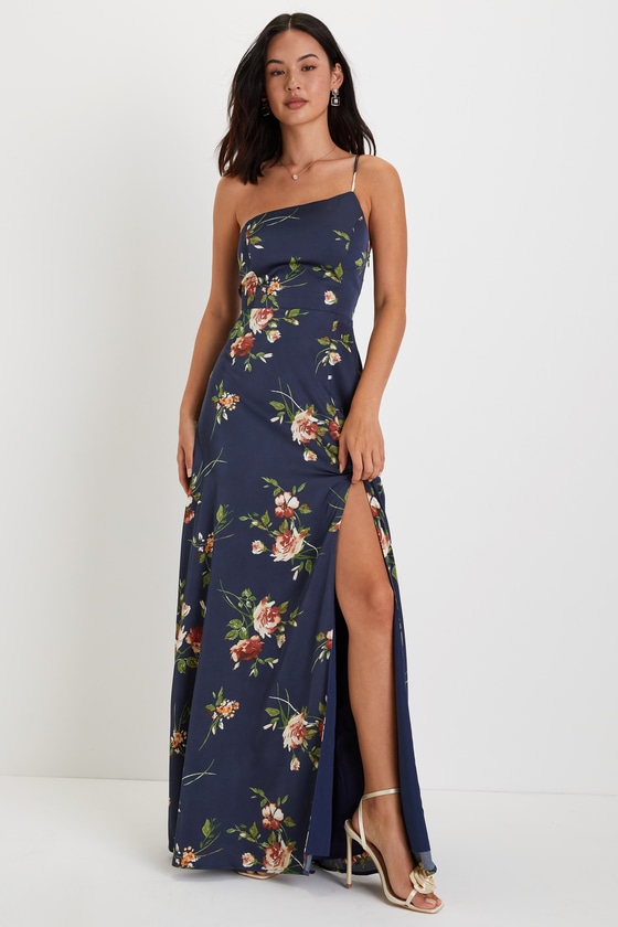 4610431 Blue Floral One Shoulder Dress